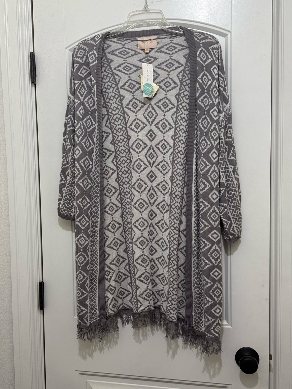 Skies are Blue Caine Gray White Fringe Aztec Tribal Boho Cardigan Duster - Large